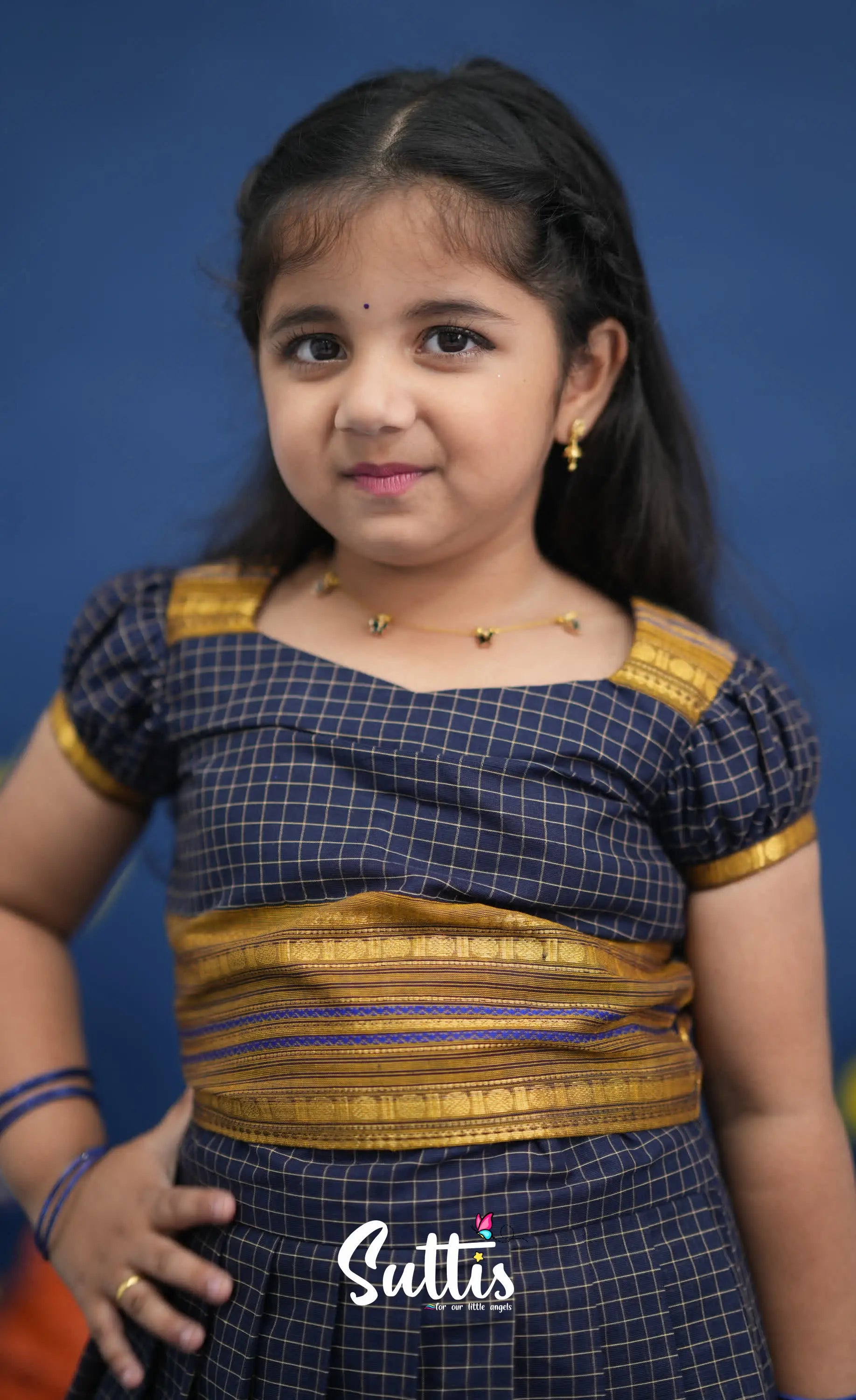 Zara Navy Blue and Mustard Crop Top and Skirt Kids-Suttis