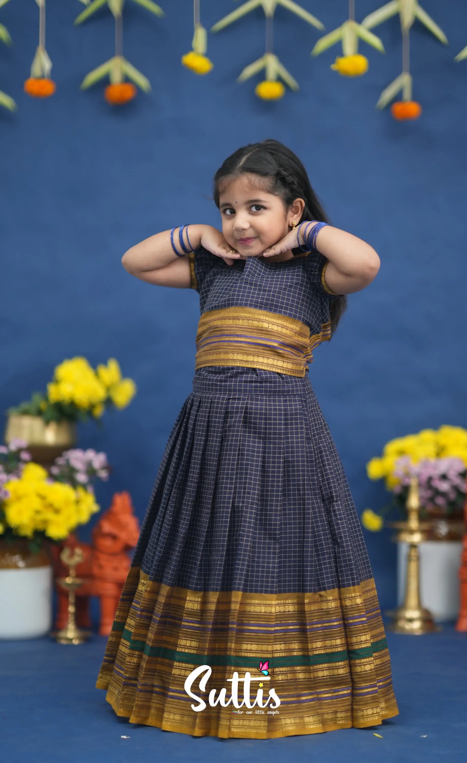 Zara Navy Blue and Mustard Crop Top and Skirt Kids-Suttis