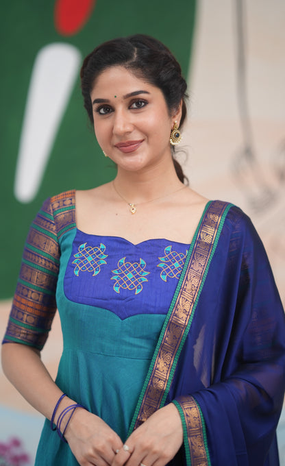 Teal Blue and Dark Blue Kolam Cotton Anarkali