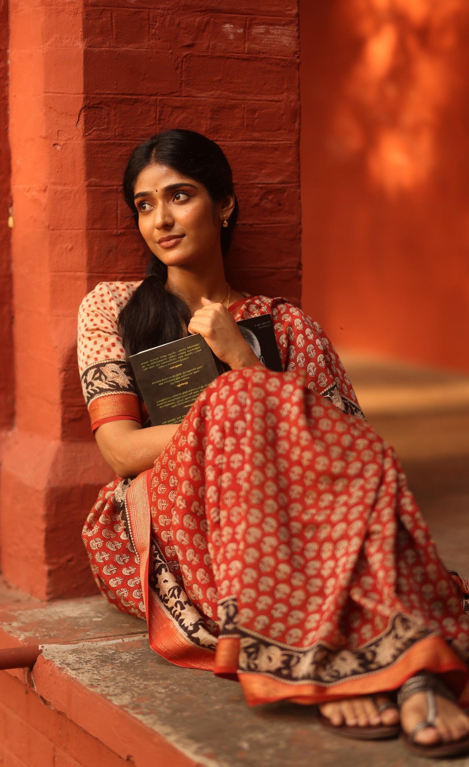 Mayuri Hand Block Printed Maheswari Saree - Reddish Maroon and Black