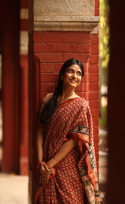 Mayuri Hand Block Printed Maheswari Saree - Reddish Maroon and Black