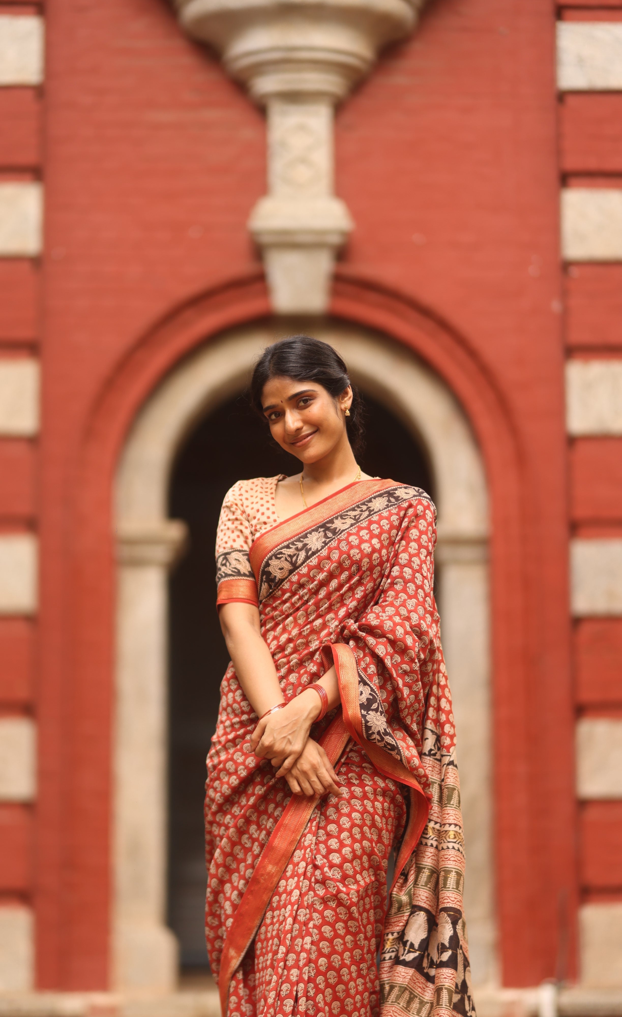 Mayuri Hand Block Printed Maheswari Saree - Reddish Maroon and Black