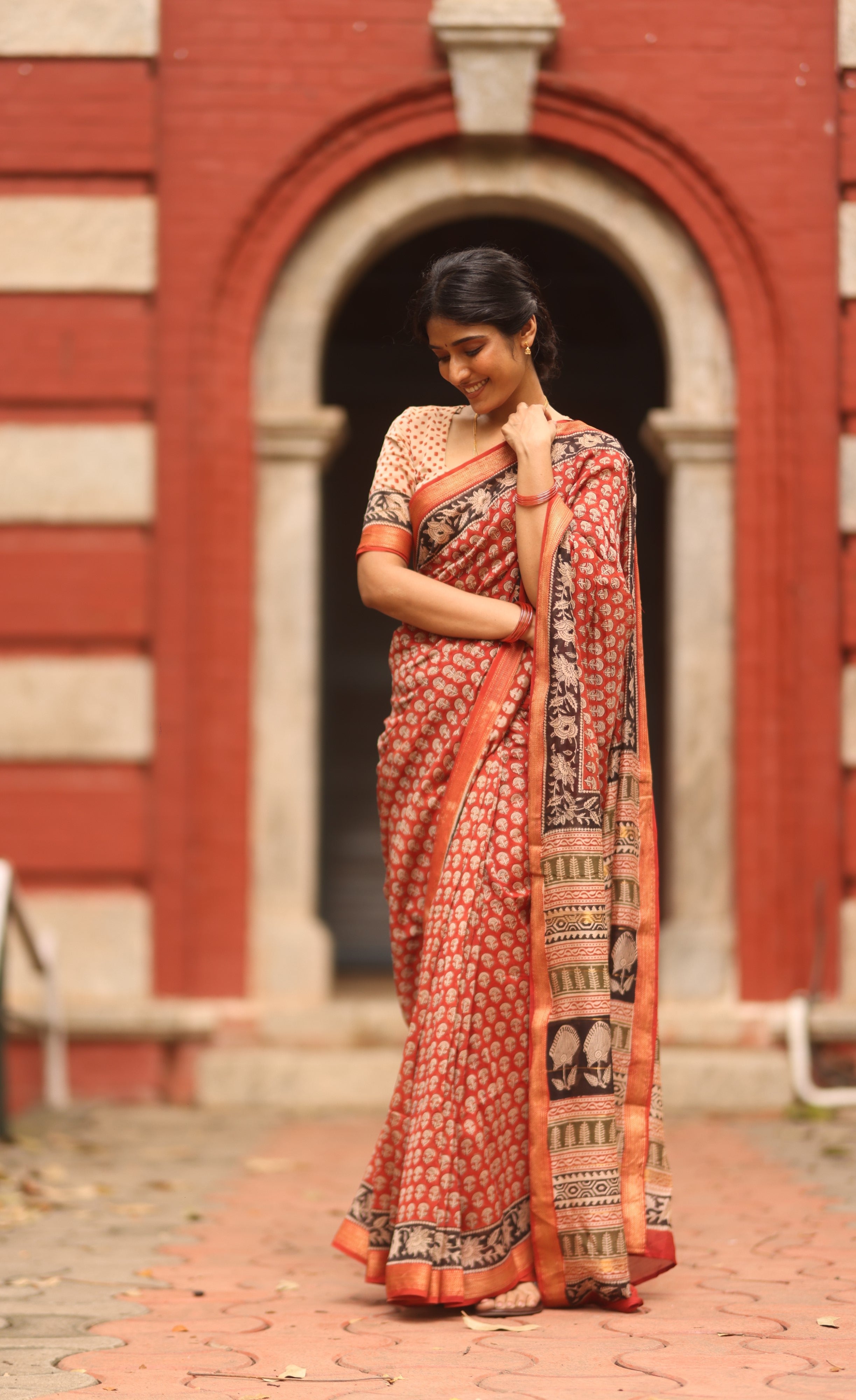 Mayuri Hand Block Printed Maheswari Saree - Reddish Maroon and Black