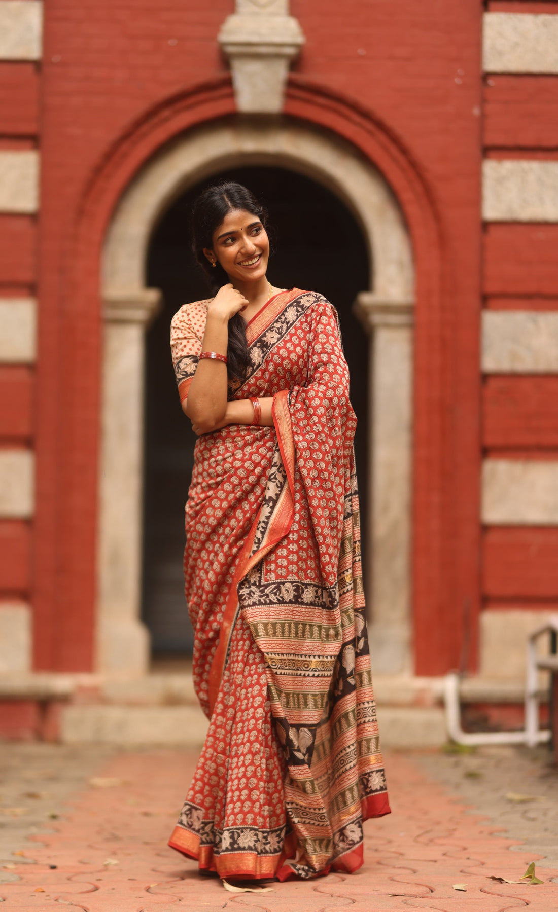 Mayuri Hand Block Printed Maheswari Saree - Reddish Maroon and Black