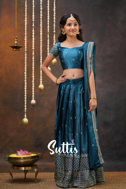 Tulip - Peacock Blue Pure Gaji Silk Half Saree