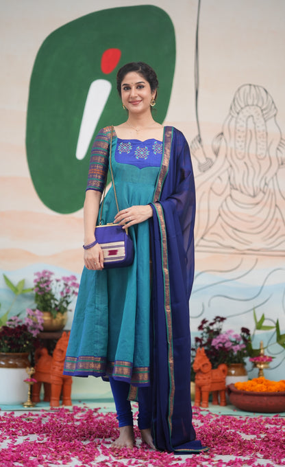Teal Blue and Dark Blue Kolam Cotton Anarkali