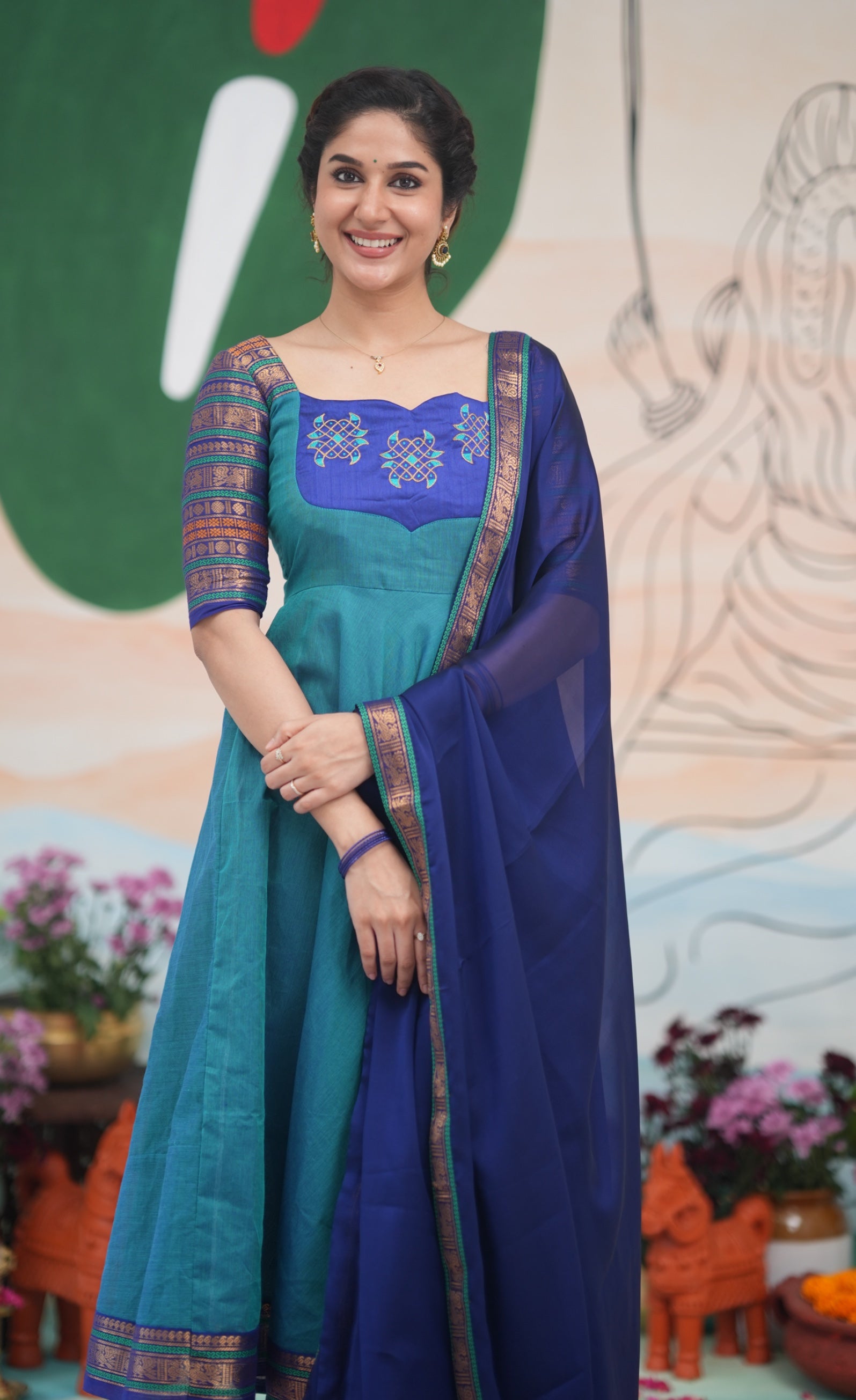 Teal Blue and Dark Blue Kolam Cotton Anarkali