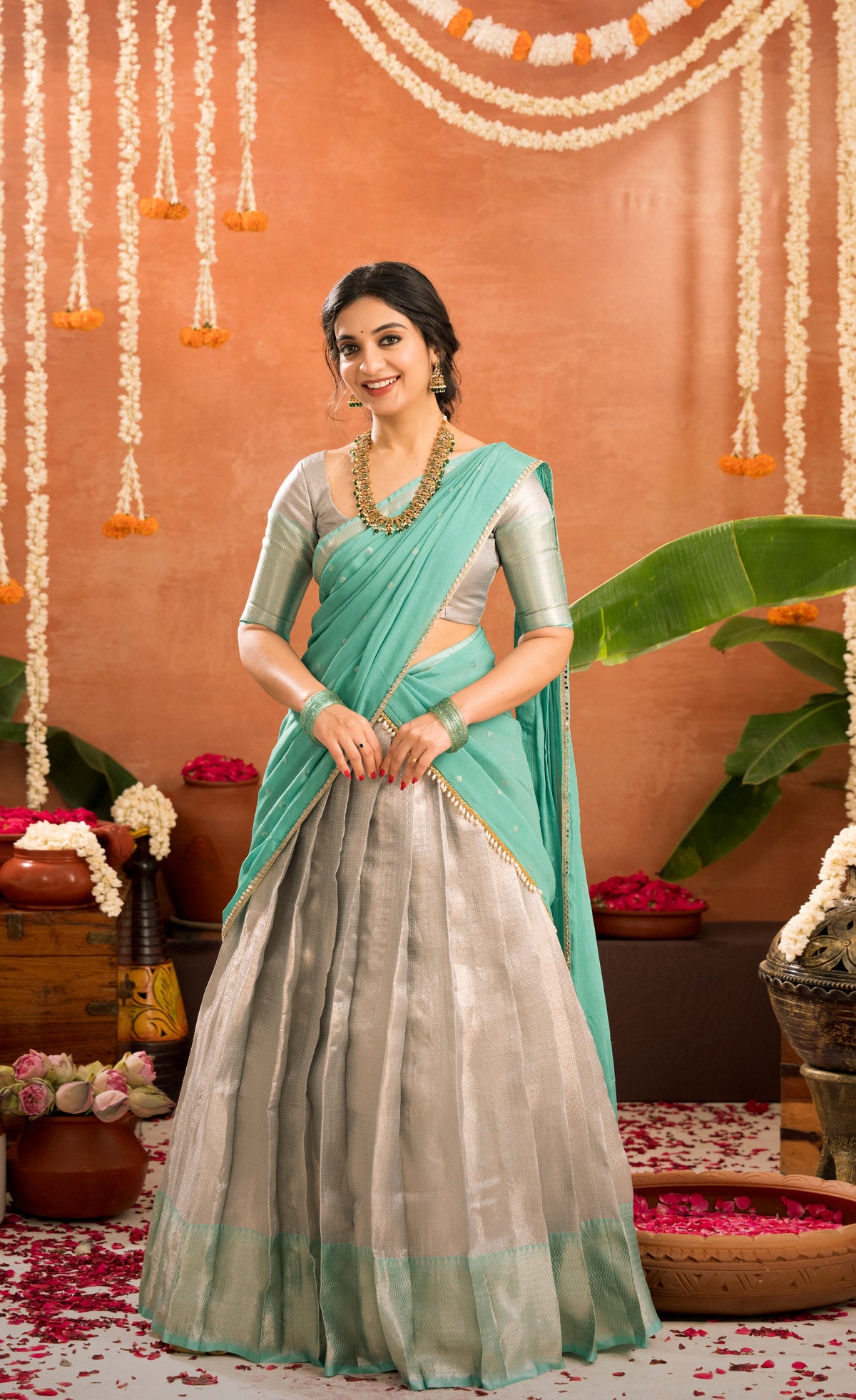 Izhaiyini Organza Halfsaree - Greyish silver and Sea green