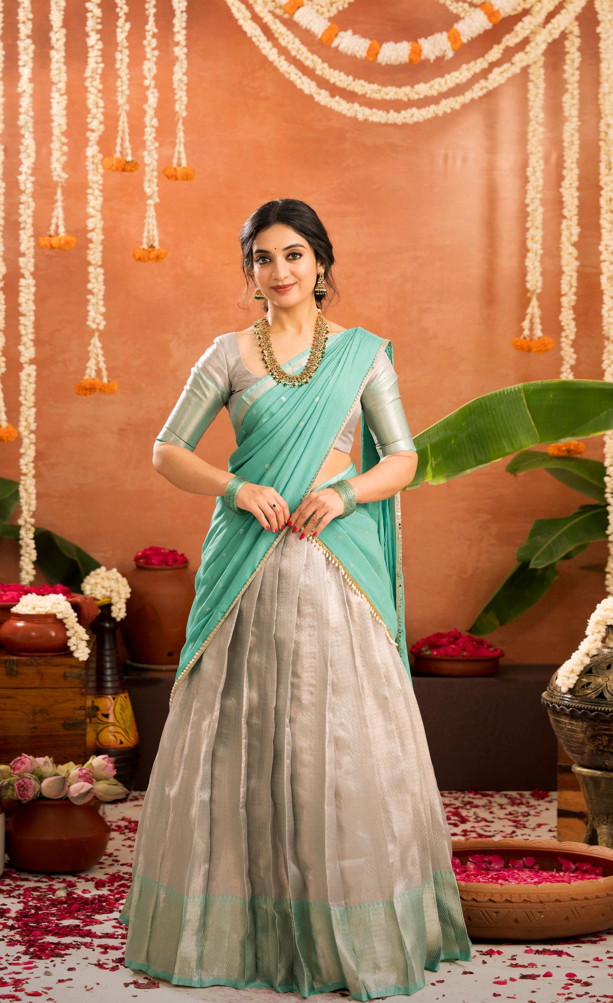Izhaiyini Organza Halfsaree - Greyish silver and Sea green