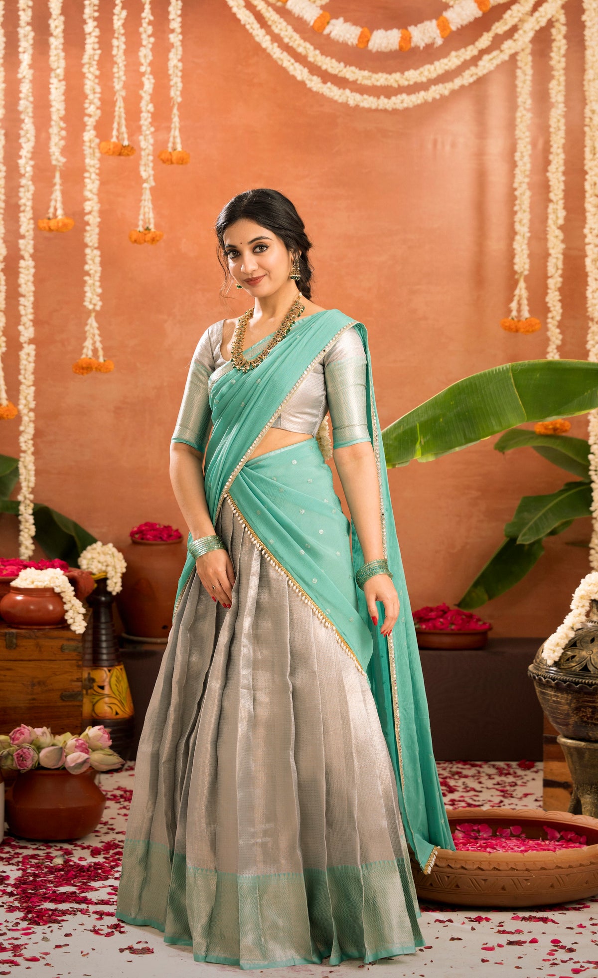 Izhaiyini Organza Halfsaree - Greyish silver and Sea green