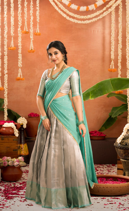 Izhaiyini Organza Halfsaree - Greyish silver and Sea green