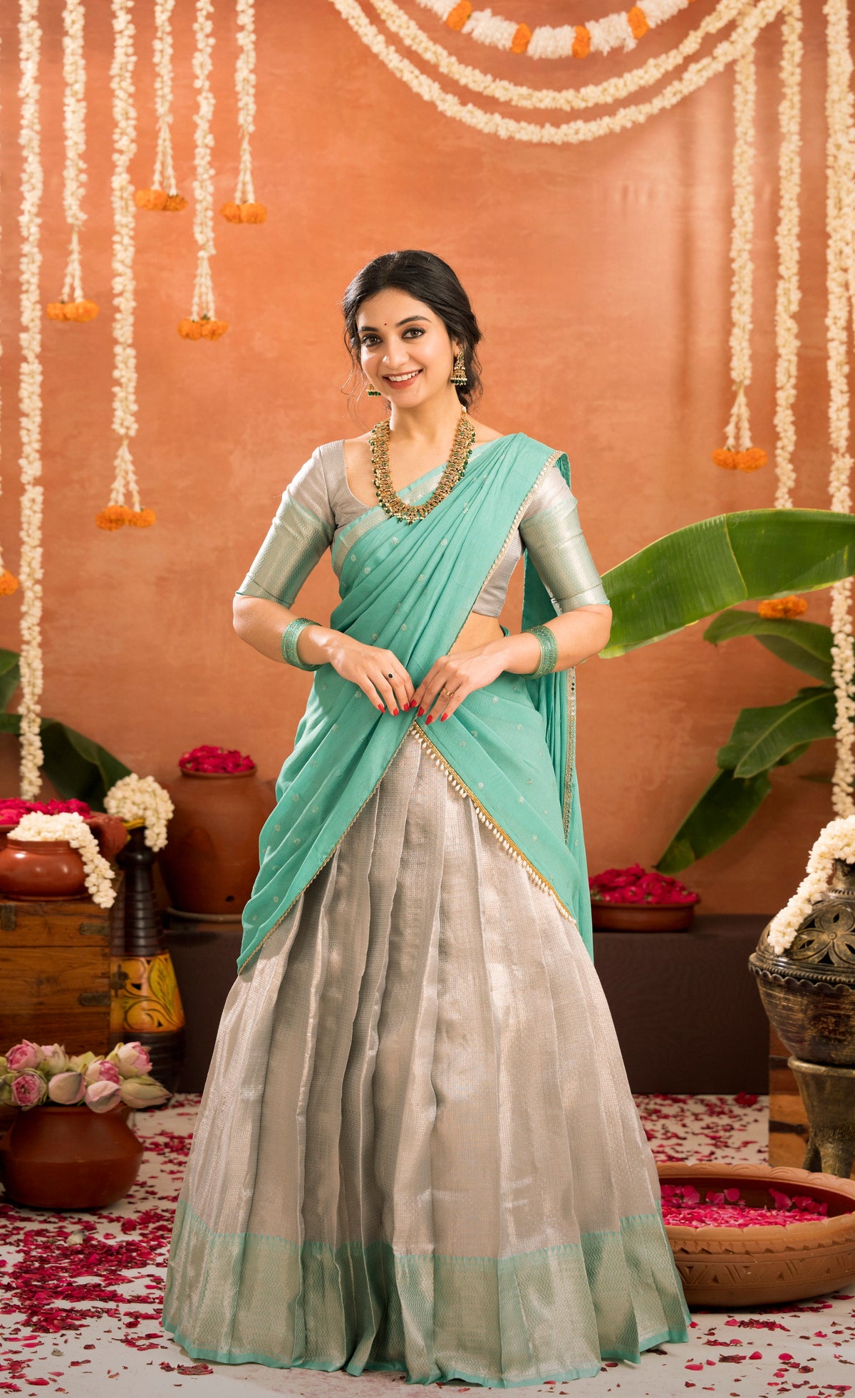 Izhaiyini Organza Halfsaree - Greyish silver and Sea green