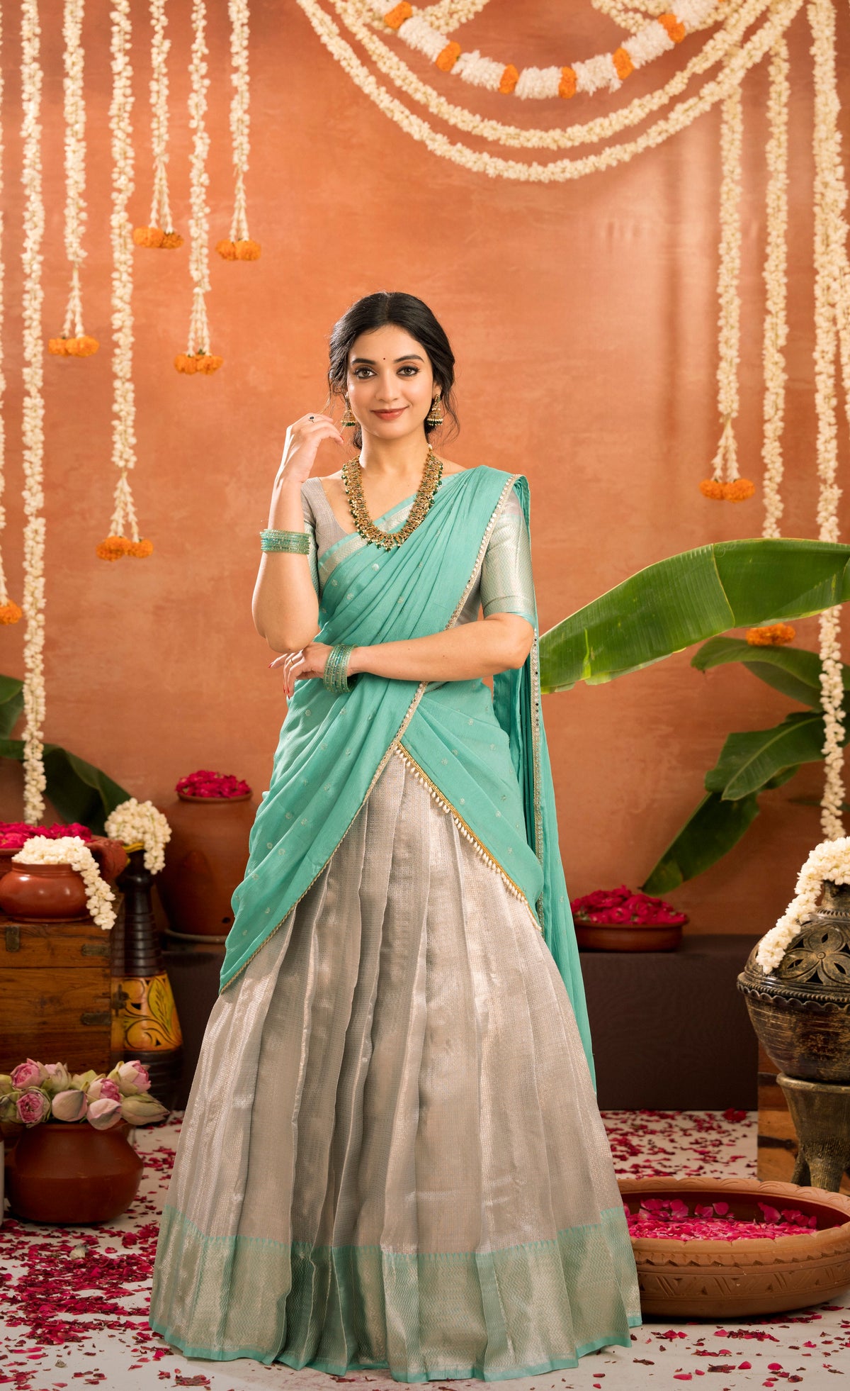 Izhaiyini Organza Halfsaree - Greyish silver and Sea green