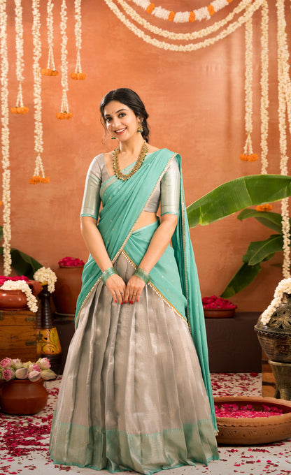 Izhaiyini Organza Halfsaree - Greyish silver and Sea green