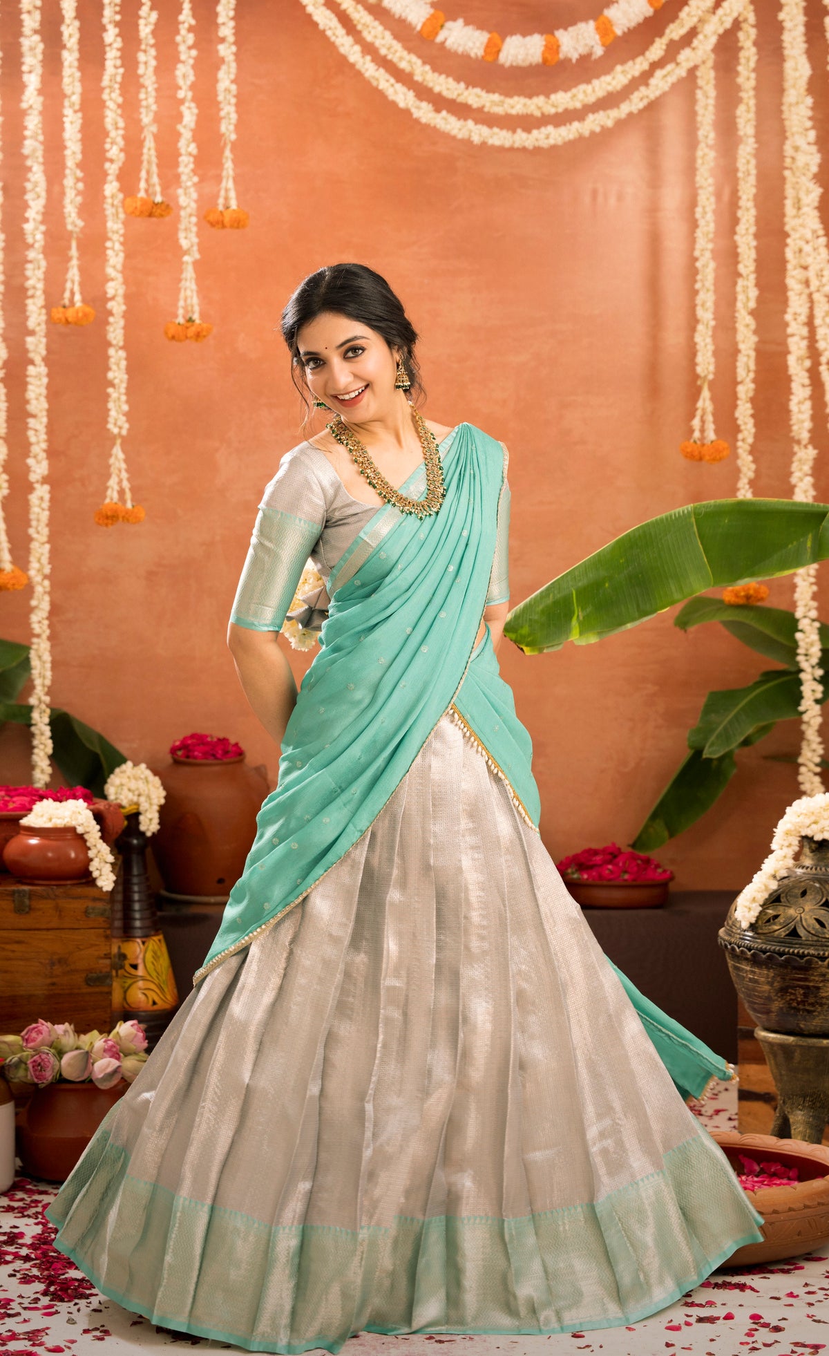 Izhaiyini Organza Halfsaree - Greyish silver and Sea green
