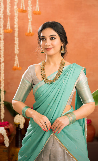 Izhaiyini Organza Halfsaree - Greyish silver and Sea green