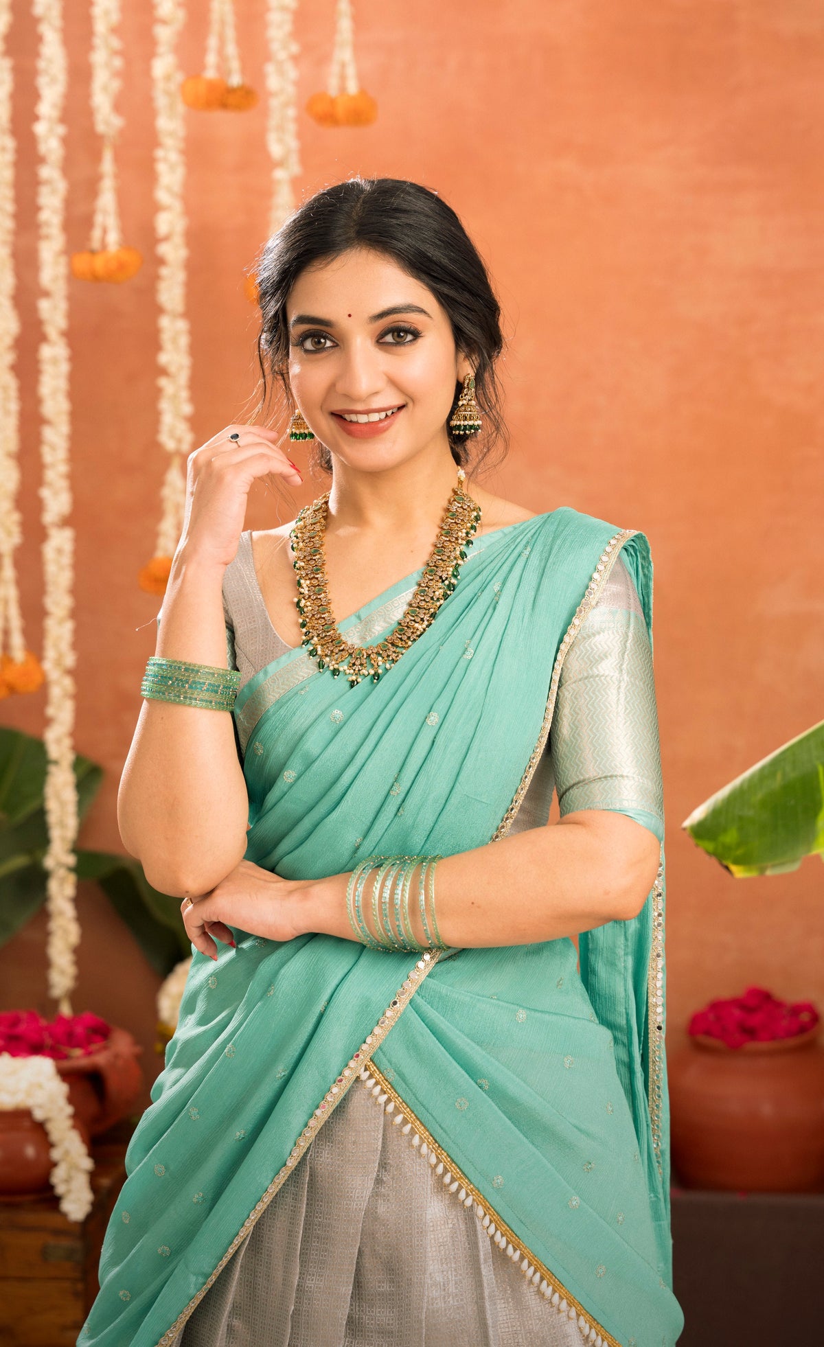 Izhaiyini Organza Halfsaree - Greyish silver and Sea green