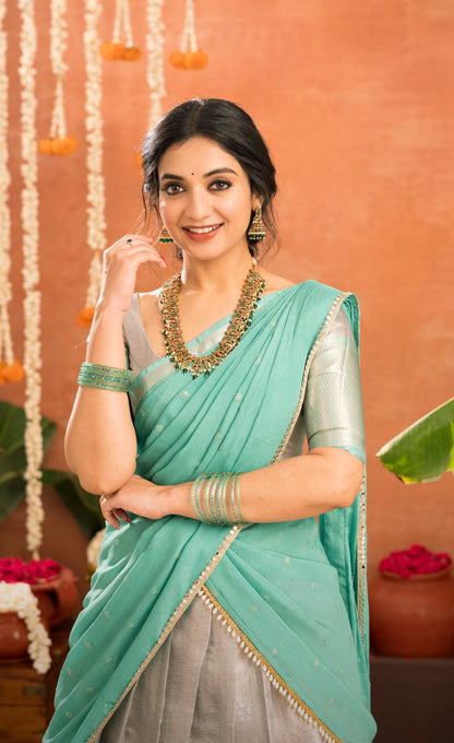 Izhaiyini Organza Halfsaree - Greyish silver and Sea green