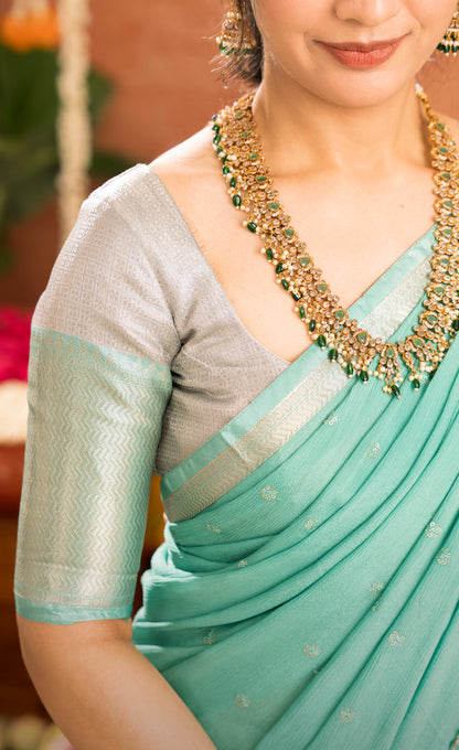 Izhaiyini Organza Halfsaree - Greyish silver and Sea green