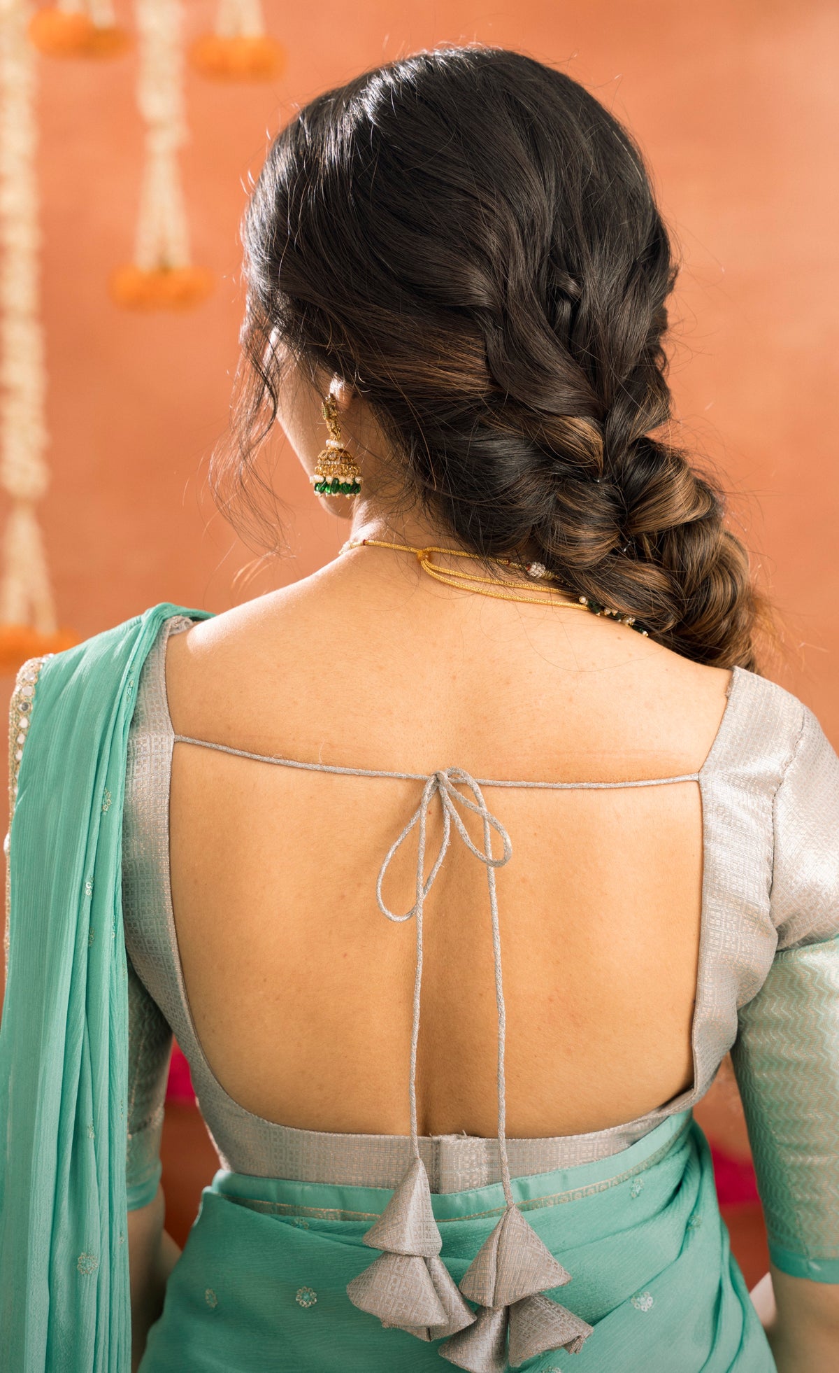 Izhaiyini Organza Halfsaree - Greyish silver and Sea green