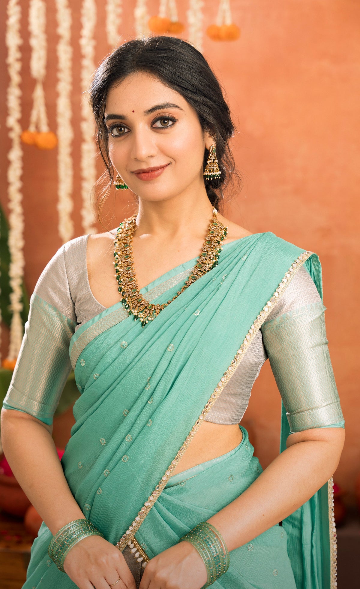 Izhaiyini Organza Halfsaree - Greyish silver and Sea green