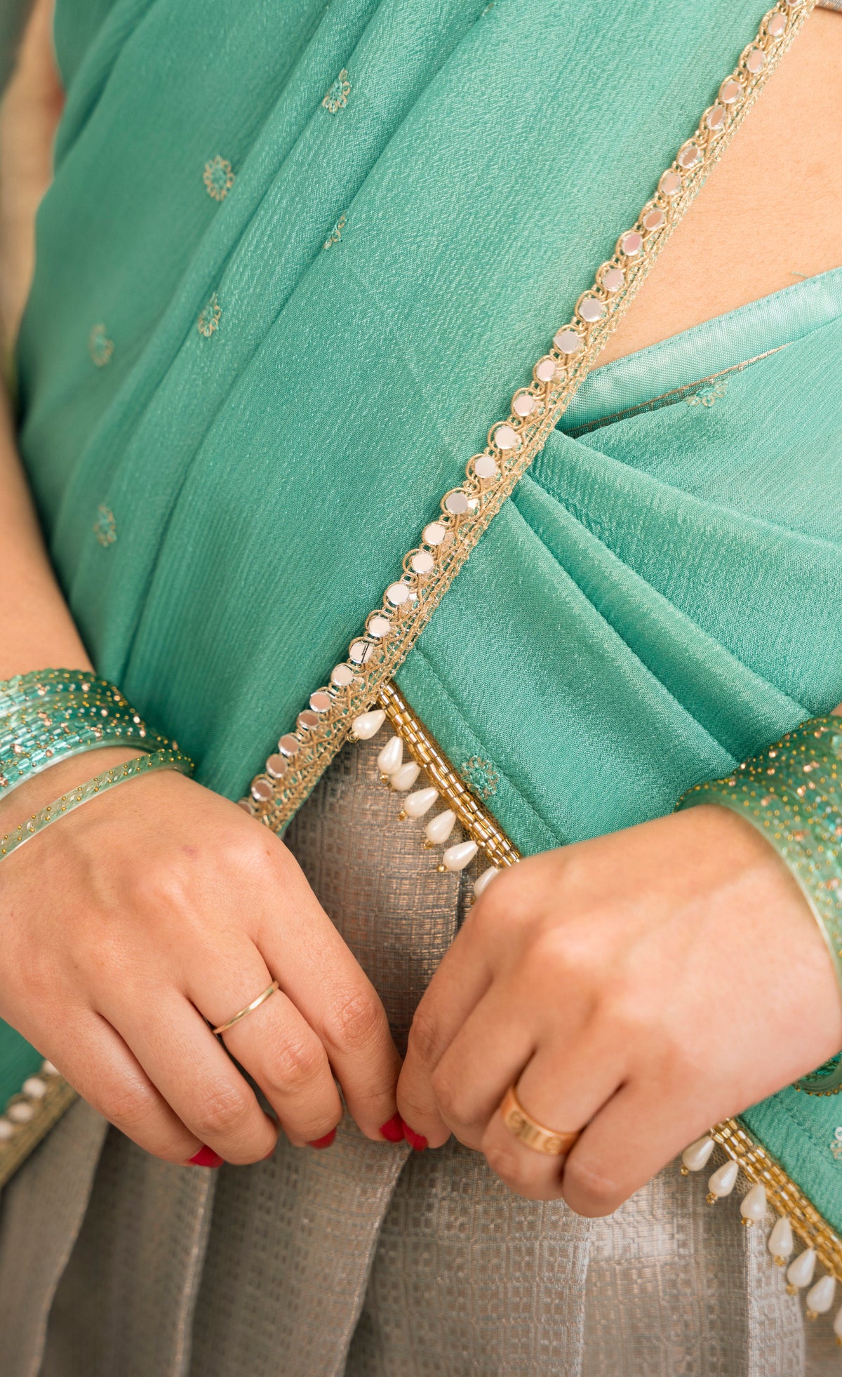 Izhaiyini Organza Halfsaree - Greyish silver and Sea green