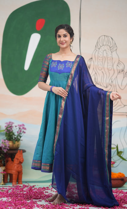 Teal Blue and Dark Blue Kolam Cotton Anarkali