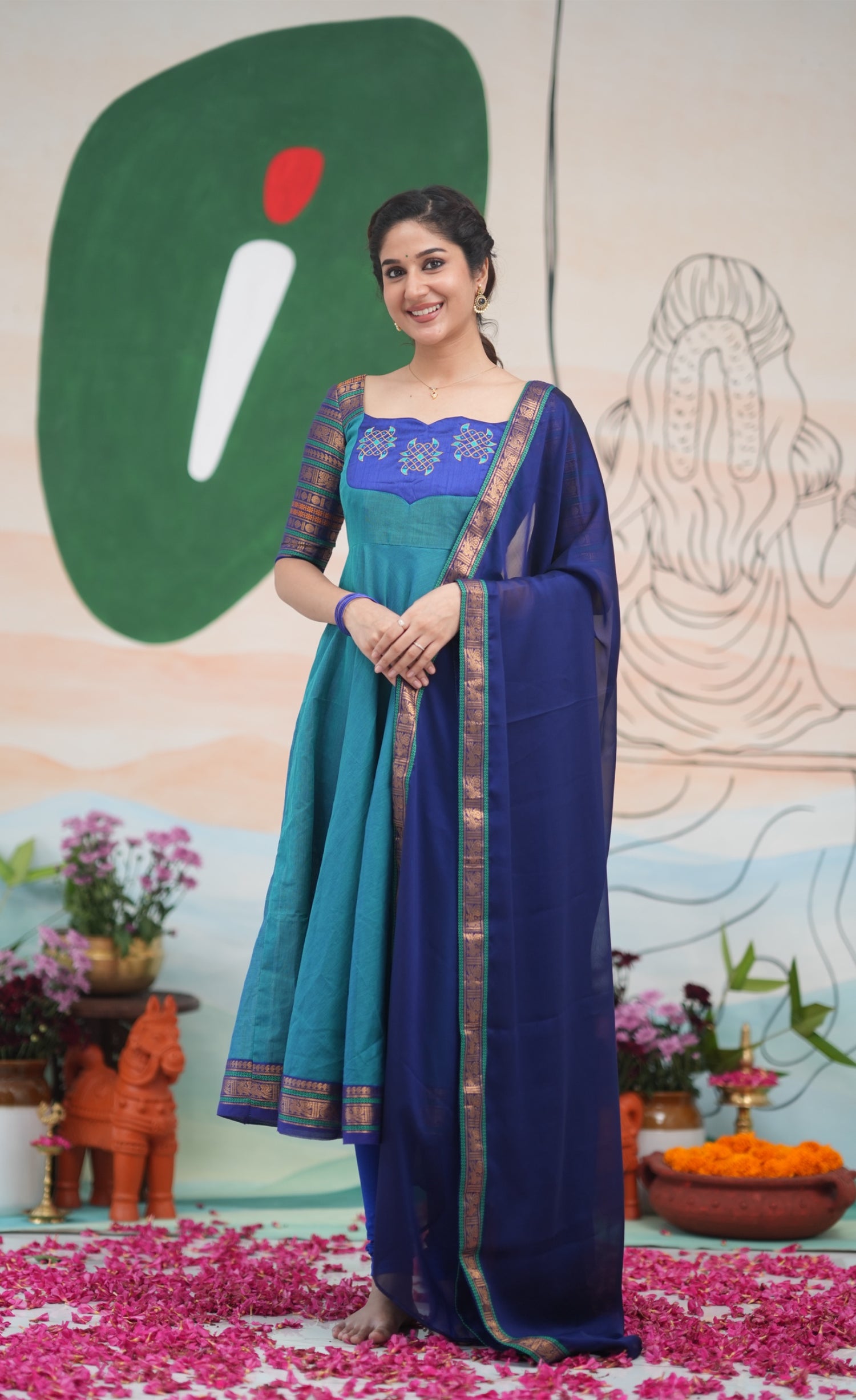 Teal Blue and Dark Blue Kolam Cotton Anarkali