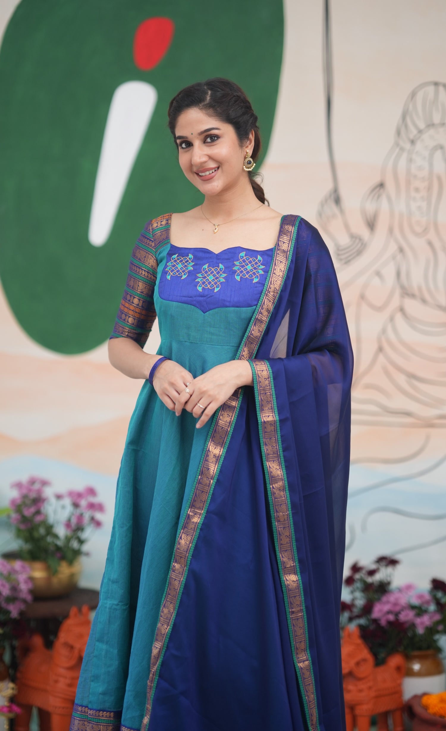 Teal Blue and Dark Blue Kolam Cotton Anarkali