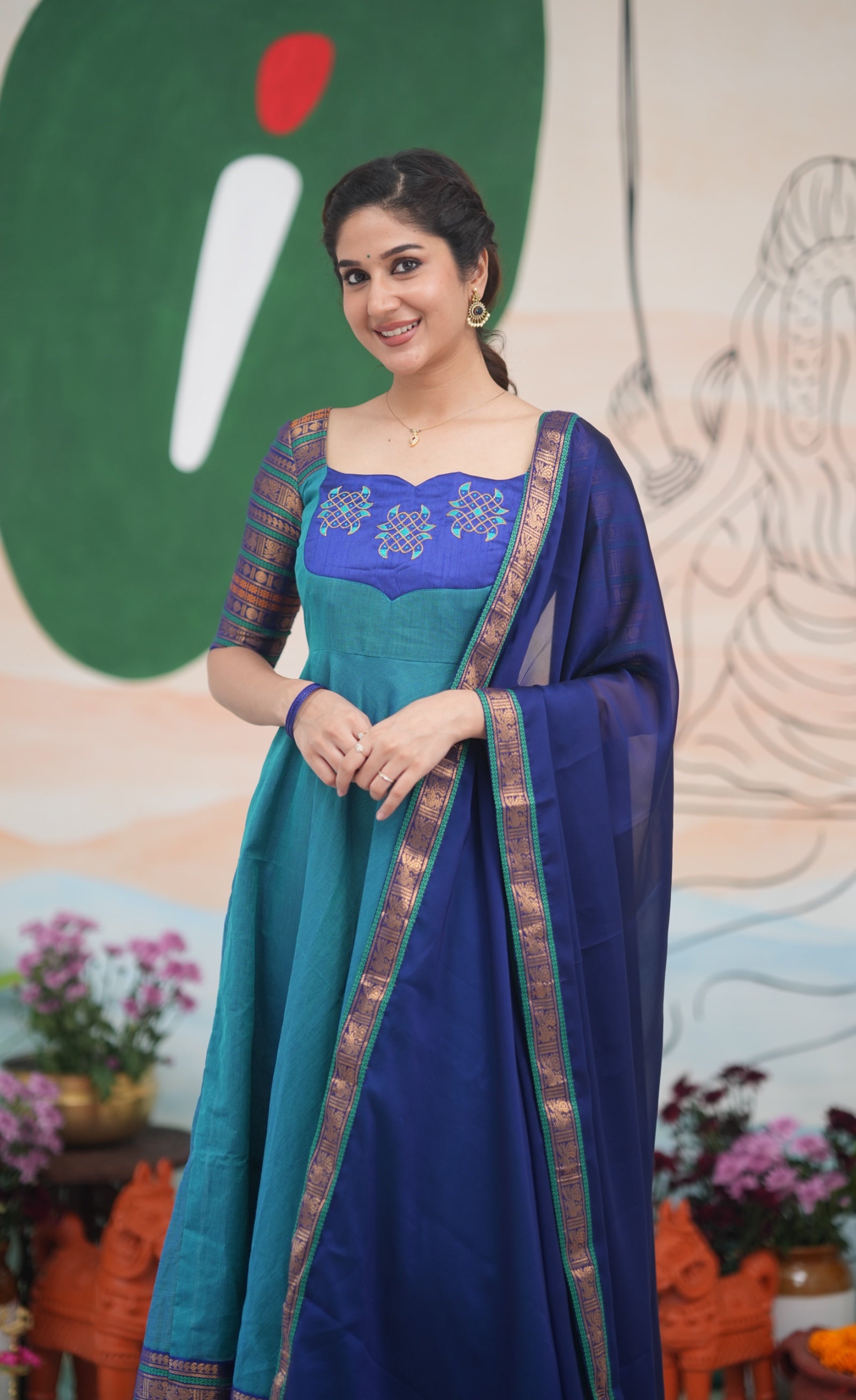 Teal Blue and Dark Blue Kolam Cotton Anarkali