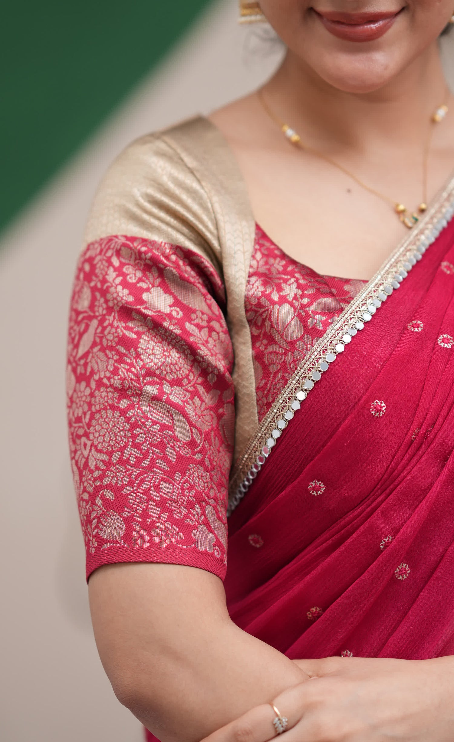 Padmakshi Creamish Gold and Red Blended Silk Halfsaree