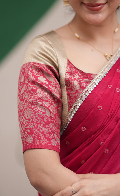 Padmakshi Creamish Gold and Red Blended Silk Halfsaree