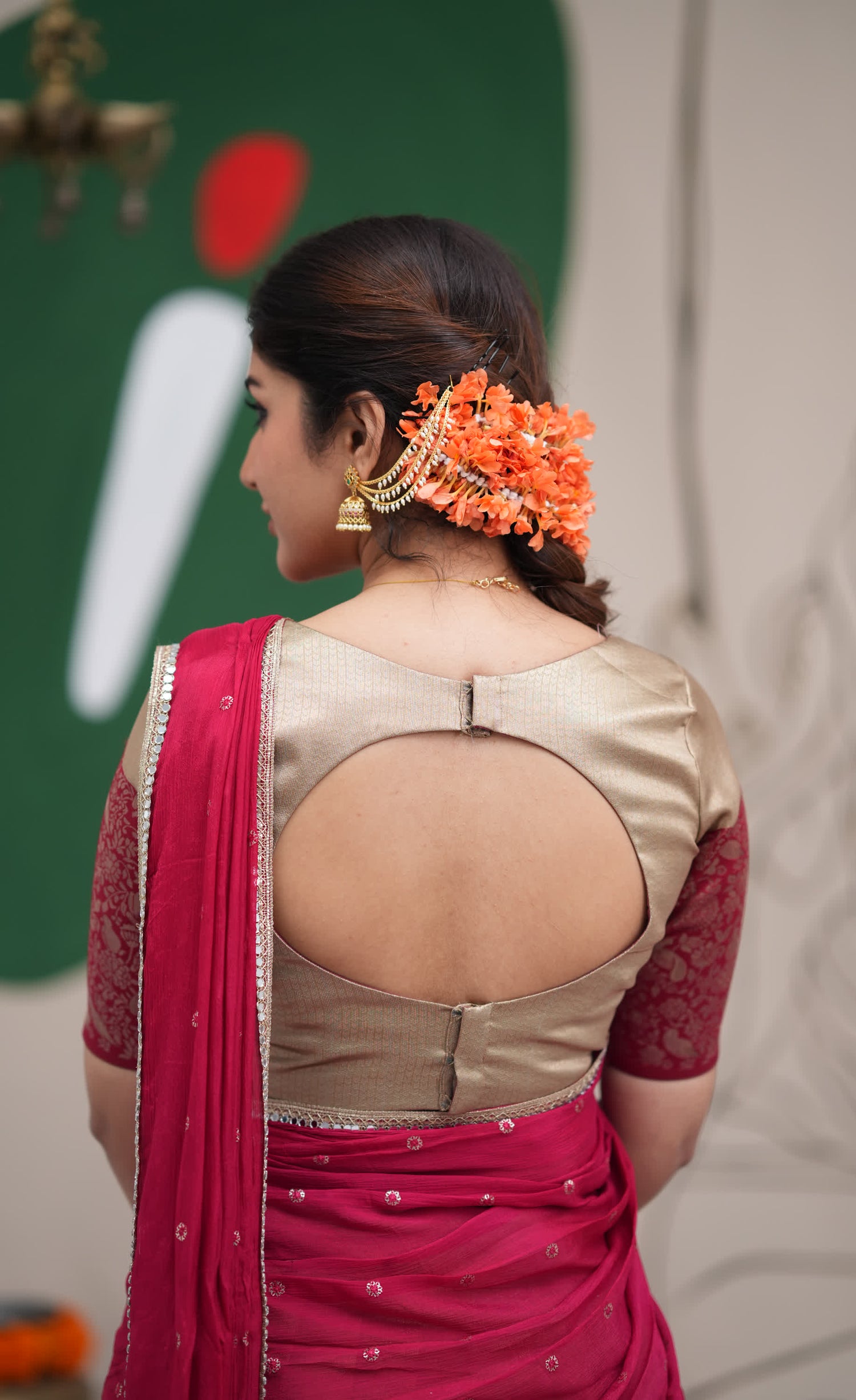 Padmakshi Creamish Gold and Red Blended Silk Halfsaree