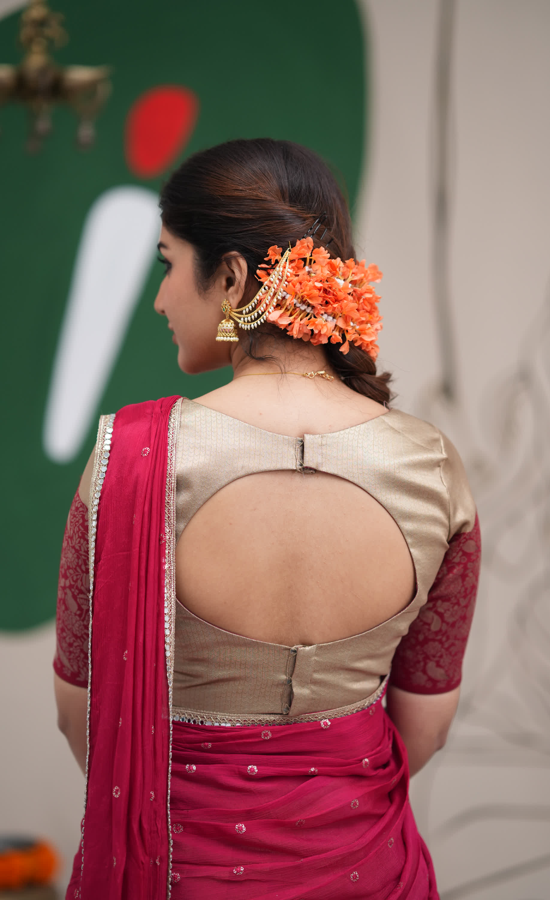 Padmakshi Creamish Gold and Red Blended Silk Halfsaree