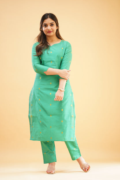 Teal Green Slub Cotton Silk Co-ord Set