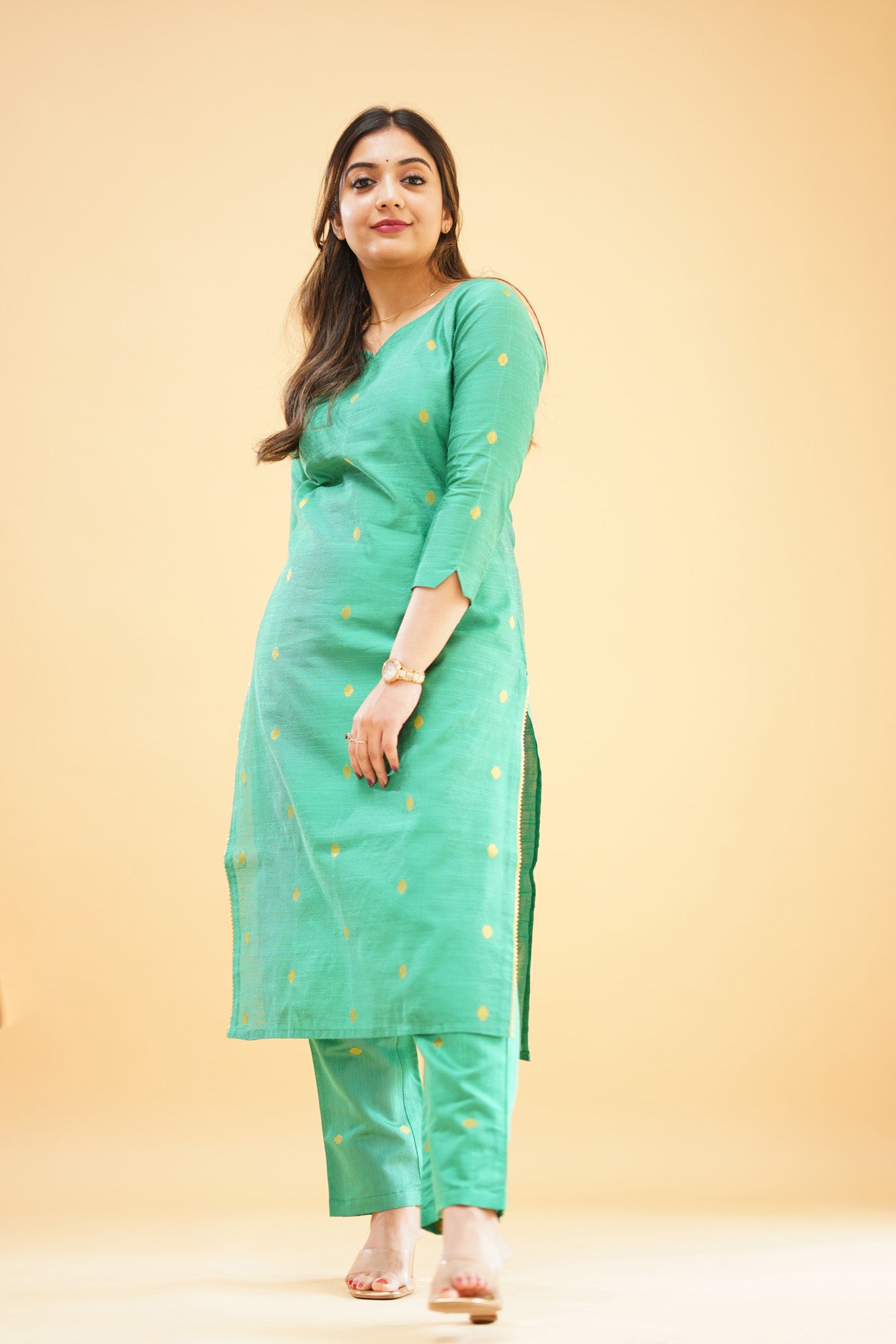 Teal Green Slub Cotton Silk Co-ord Set