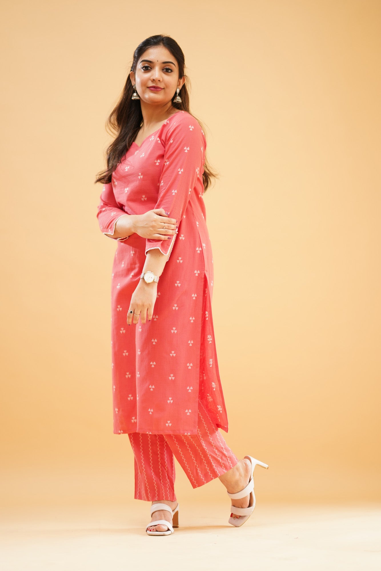 Peachish Pink Handloom Cotton Co-ord Set