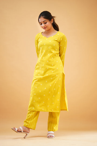 Greenish Yellow Handloom Cotton Co-ord Set