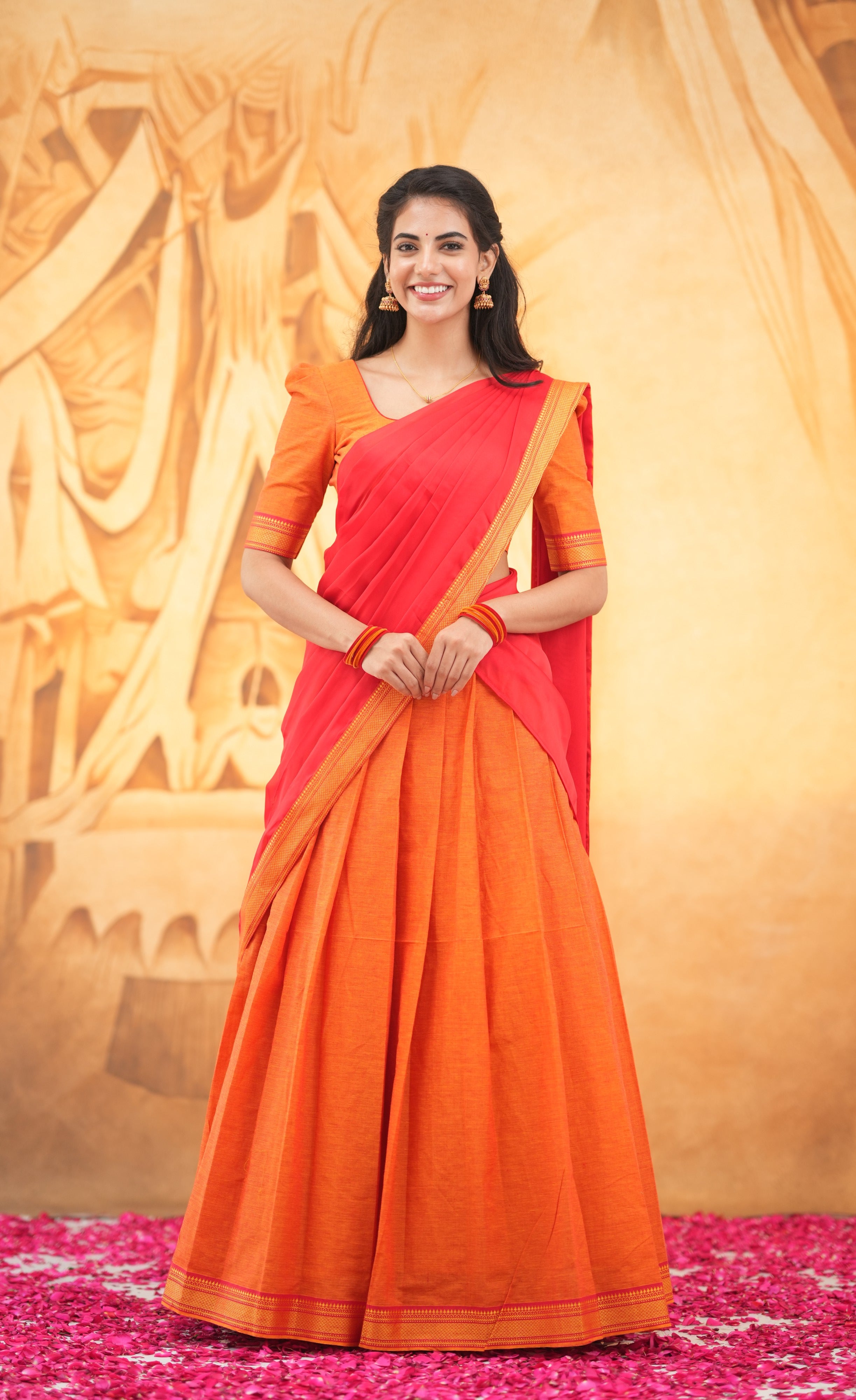 Savarna - Orange and Red Cotton Halfsaree