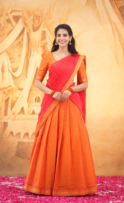 Savarna - Orange and Red Cotton Halfsaree