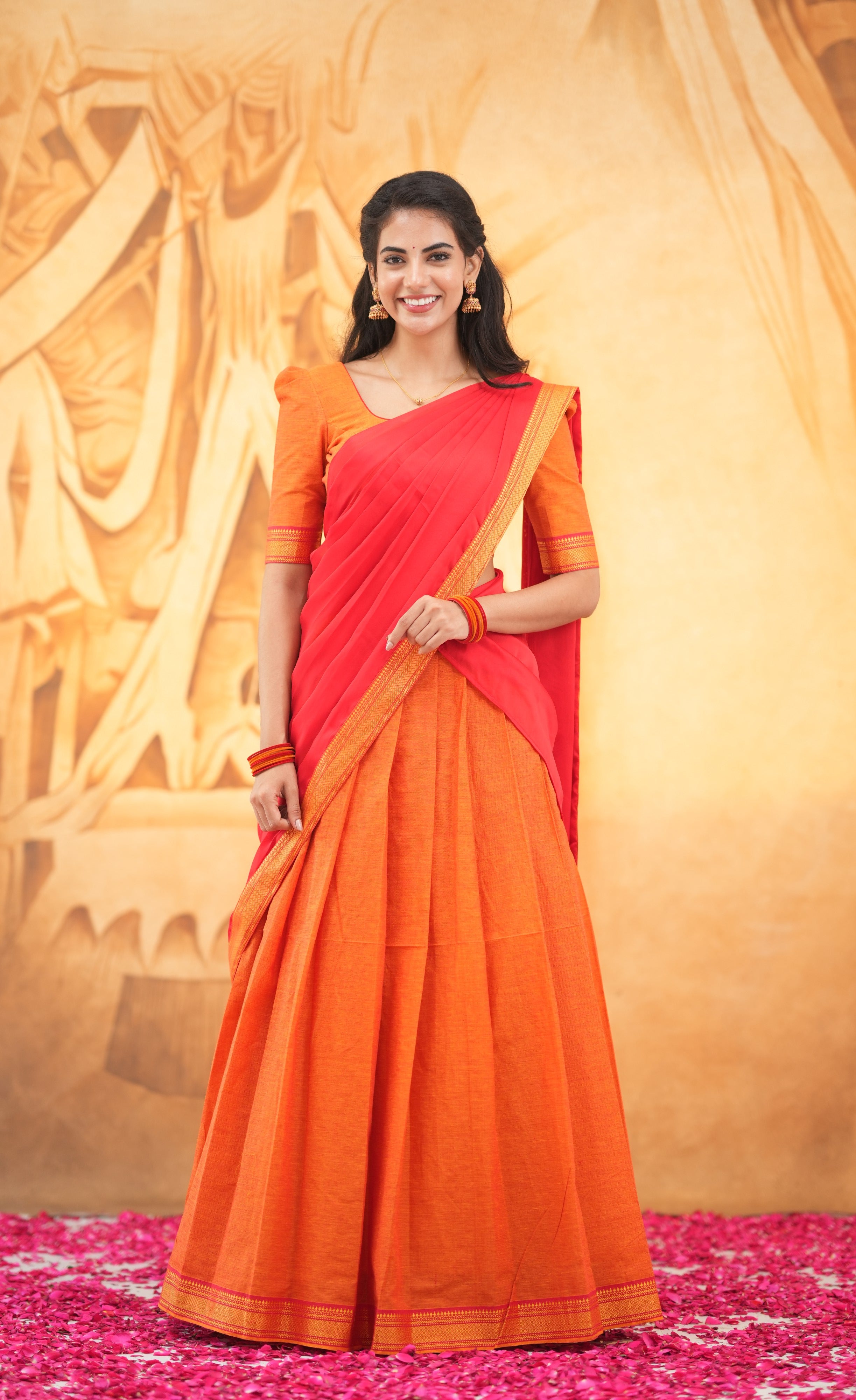 Savarna - Orange and Red Cotton Halfsaree