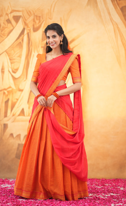 Savarna - Orange and Red Cotton Halfsaree