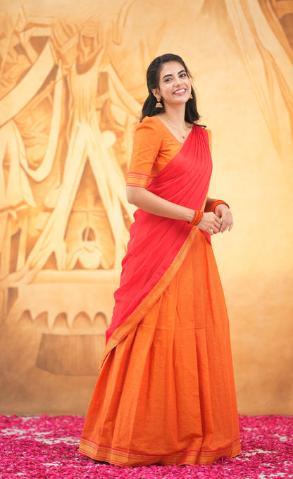 Savarna - Orange and Red Cotton Halfsaree
