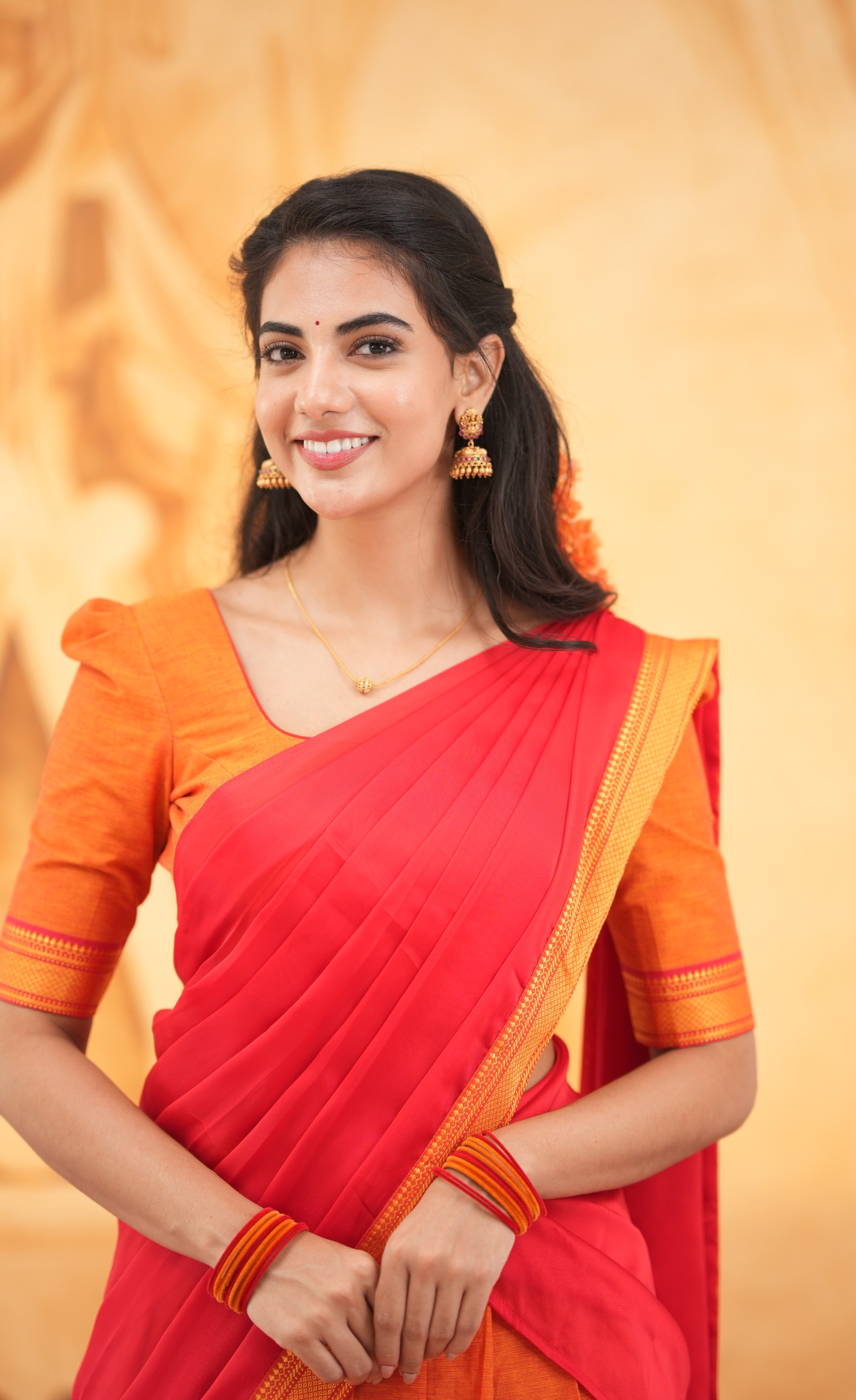 Savarna - Orange and Red Cotton Halfsaree