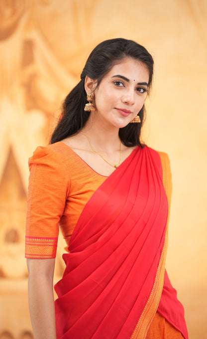 Savarna - Orange and Red Cotton Halfsaree