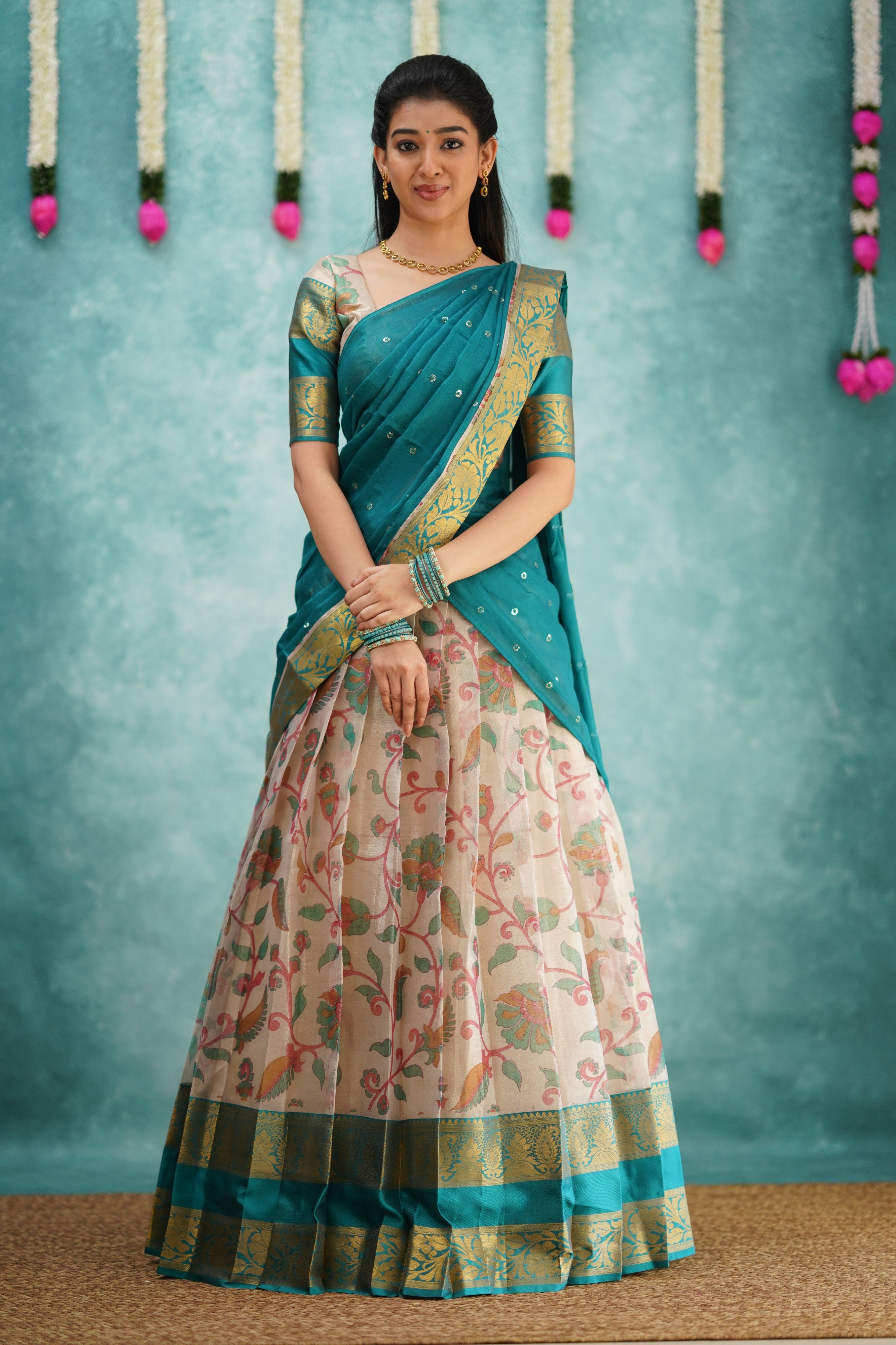 Izhaiyini Organza Halfsaree - Dark Teal (Express Delivery)