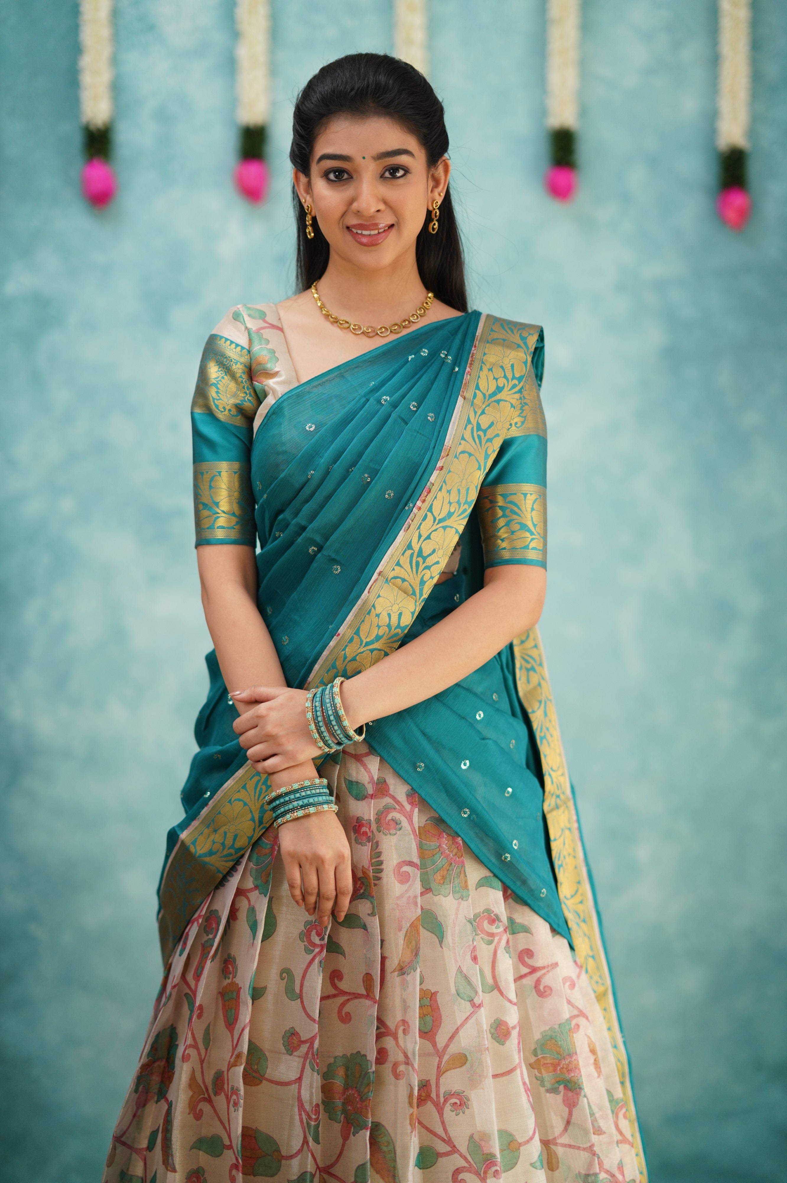 Izhaiyini Organza Halfsaree - Dark Teal (Express Delivery)