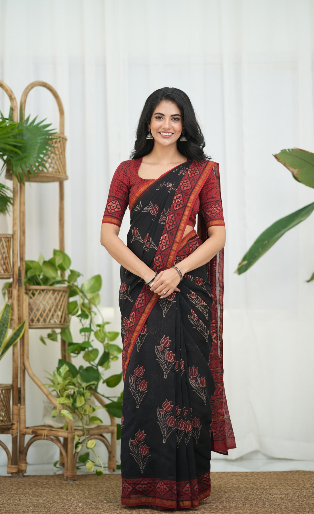 Mayuri Hand Block printed Maheswari Saree - Black and Red