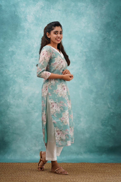 Light Teal Semi Linen Co-ord Set