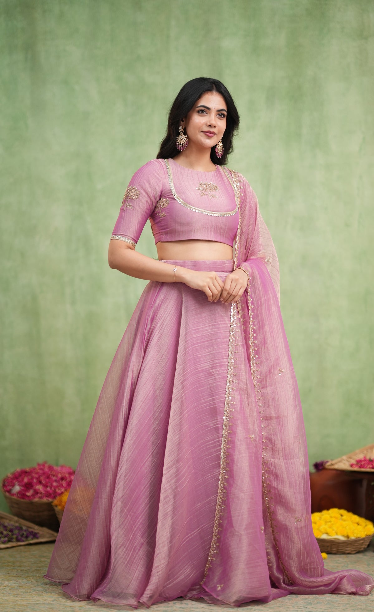 Coral Crushed Tissue Crop Top and Skirt - Mauve Pink